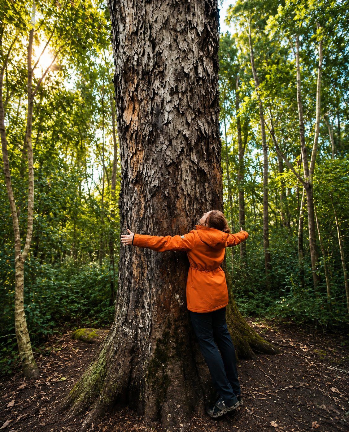A woman with her arms around the trunk of a great forest tree, looking up into the canopy