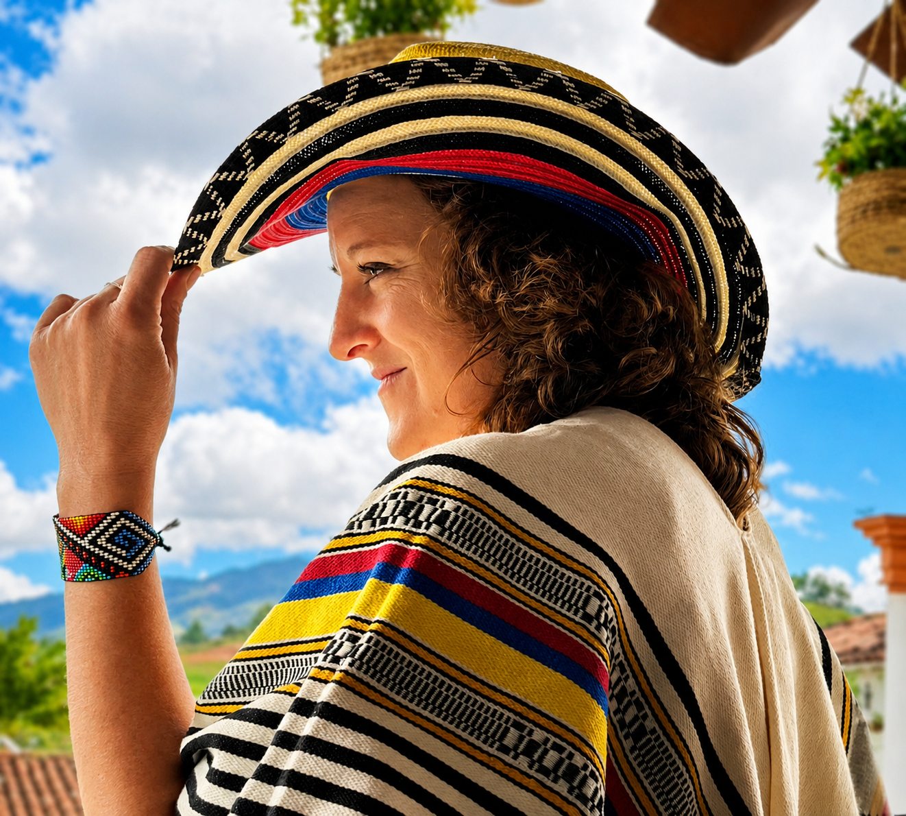 Hélène outdoors in a woven hat, looking toward the mountains